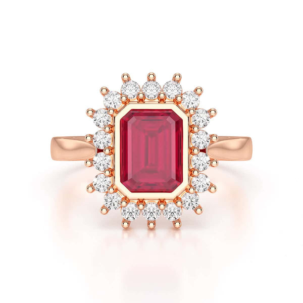 Diamond Halo Octagon Shape Ruby Engagement Ring in 18ct Gold and Platinum