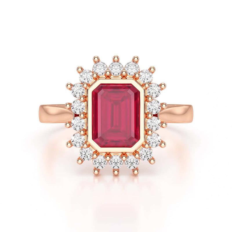 Diamond Halo Octagon Shape Ruby Engagement Ring in 18ct Gold and Platinum