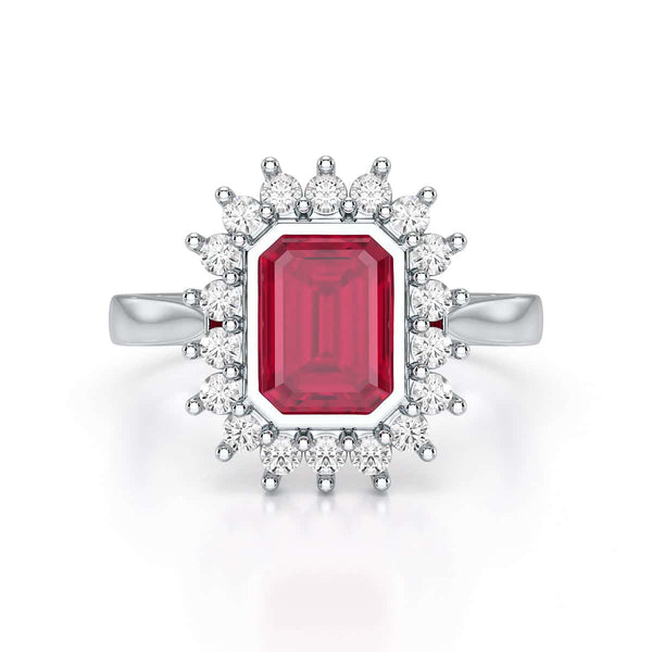 Diamond Halo Octagon Shape Ruby Engagement Ring in 18ct Gold and Platinum