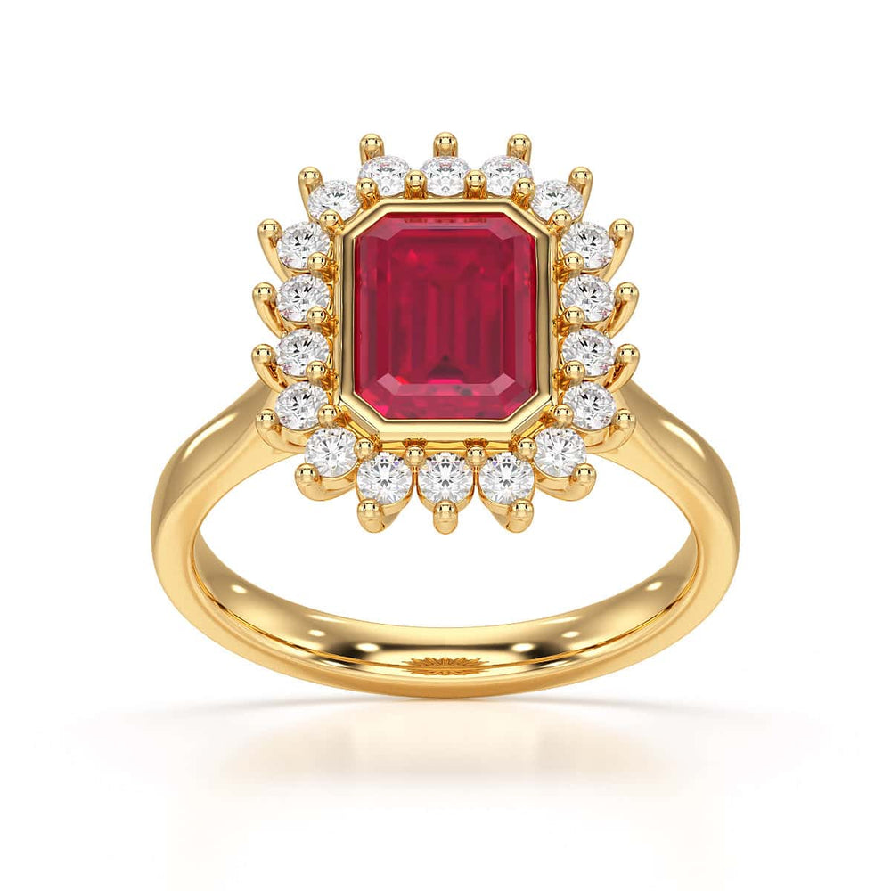 Diamond Halo Octagon Shape Ruby Engagement Ring in 18ct Gold and Platinum