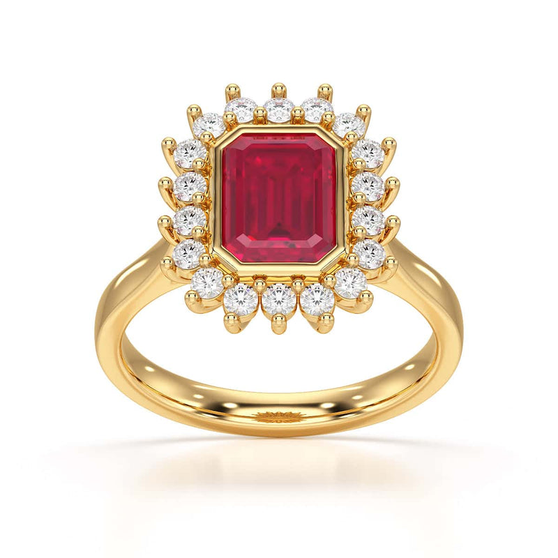 Diamond Halo Octagon Shape Ruby Engagement Ring in 18ct Gold and Platinum