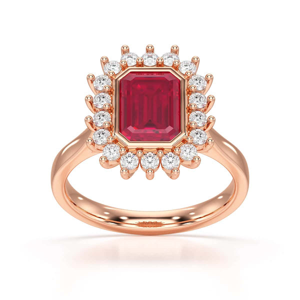 Diamond Halo Octagon Shape Ruby Engagement Ring in 18ct Gold and Platinum