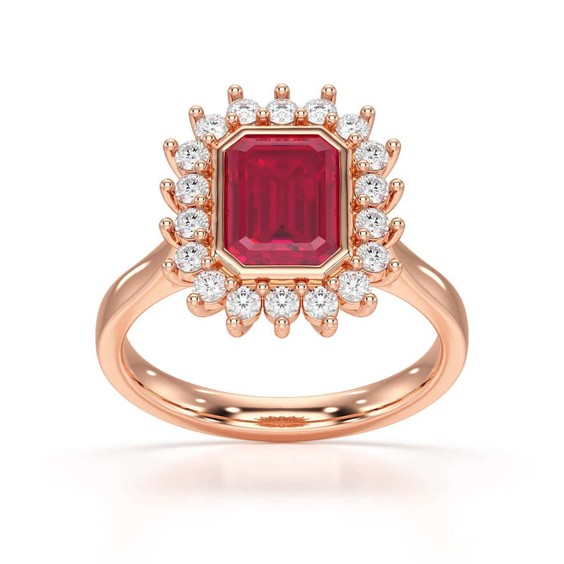 Diamond Halo Octagon Shape Ruby Engagement Ring in 18ct Gold and Platinum