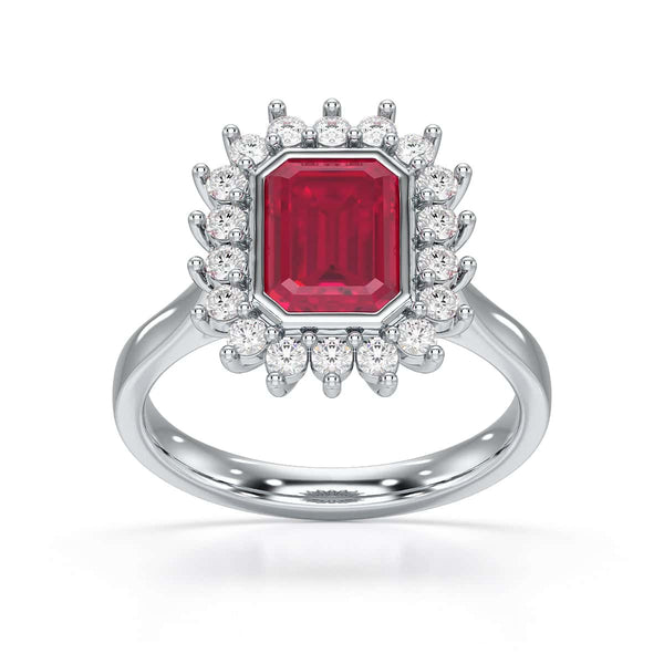Diamond Halo Octagon Shape Ruby Engagement Ring in 18ct Gold and Platinum