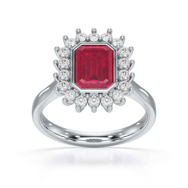 Diamond Halo Octagon Shape Ruby Engagement Ring in 18ct Gold and Platinum