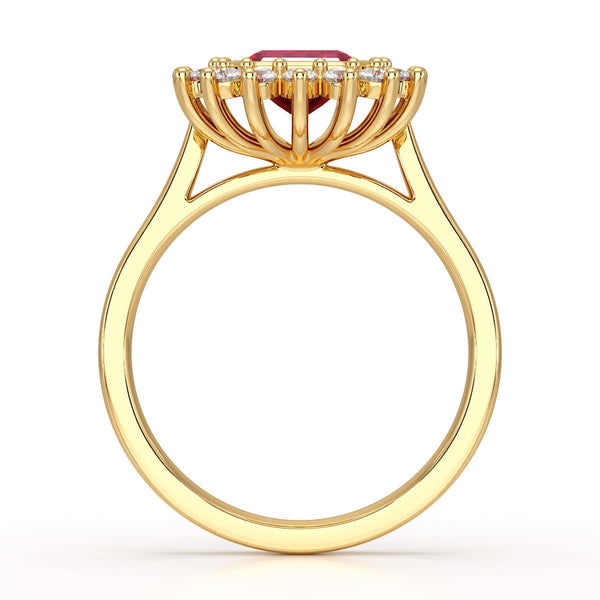 Diamond Halo Octagon Shape Ruby Engagement Ring in 18ct Gold and Platinum