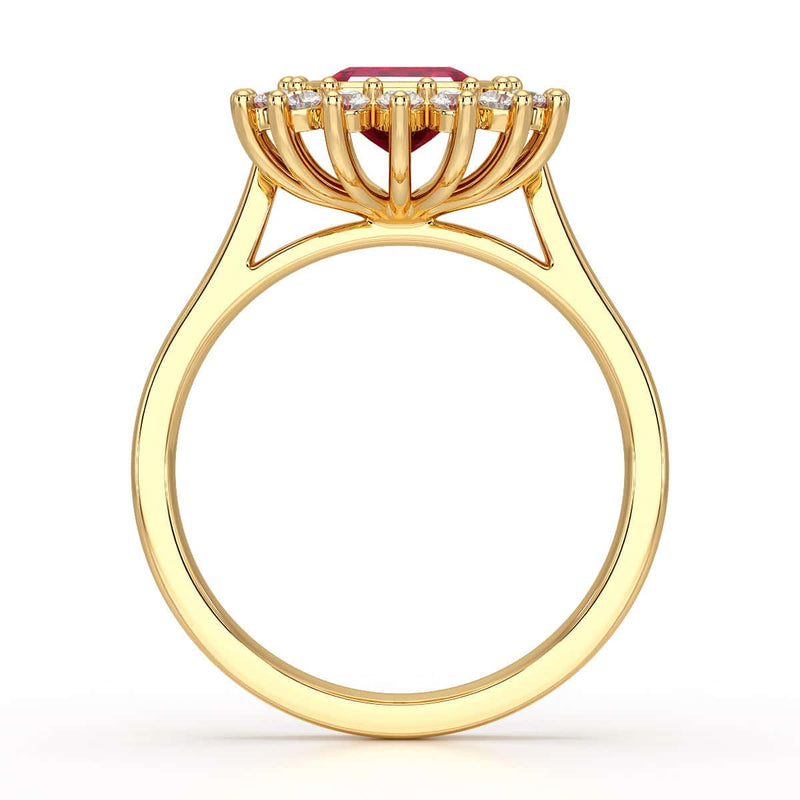 Diamond Halo Octagon Shape Ruby Engagement Ring in 18ct Gold and Platinum