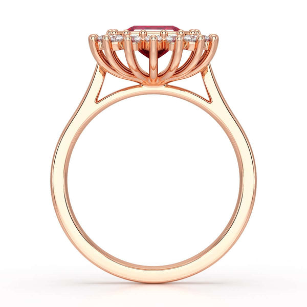 Diamond Halo Octagon Shape Ruby Engagement Ring in 18ct Gold and Platinum