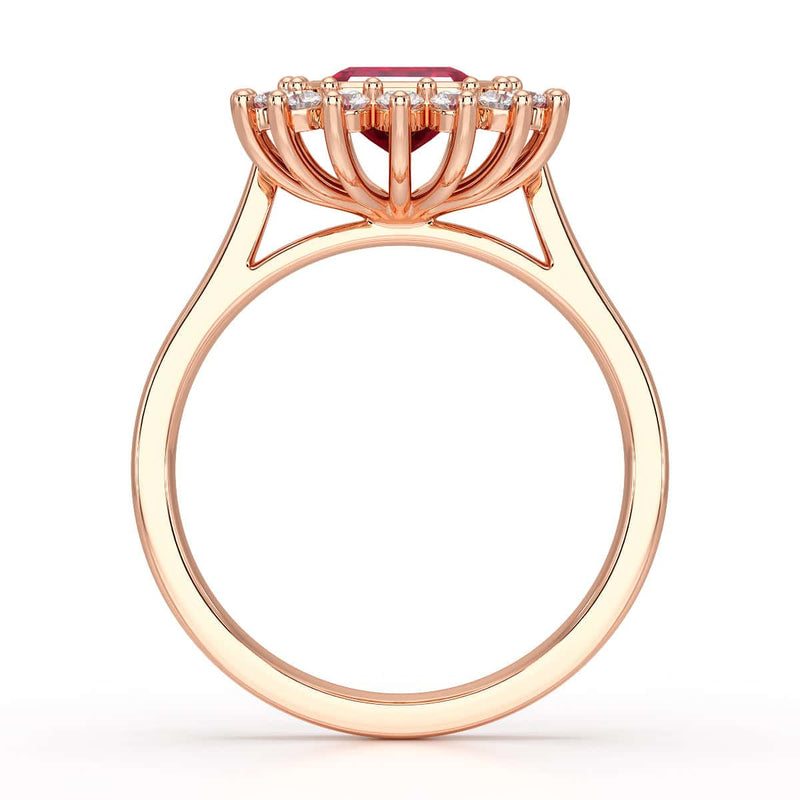 Diamond Halo Octagon Shape Ruby Engagement Ring in 18ct Gold and Platinum