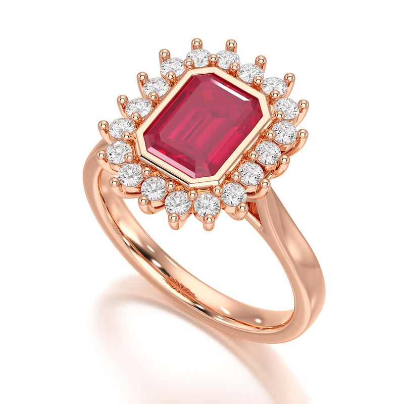 Diamond Halo Octagon Shape Ruby Engagement Ring in 18ct Gold and Platinum