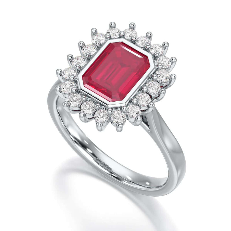 Diamond Halo Octagon Shape Ruby Engagement Ring in 18ct Gold and Platinum