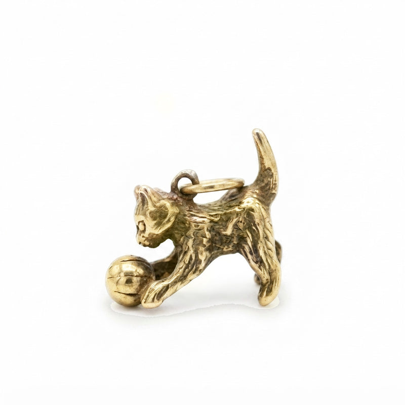9K Yellow Gold Vintage Playful Kitten with Ball Charm Pendant
