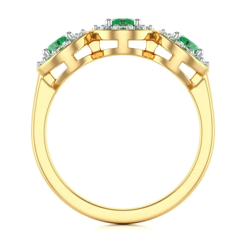  Gold Diamond Halo 3 Emeralds Ring 