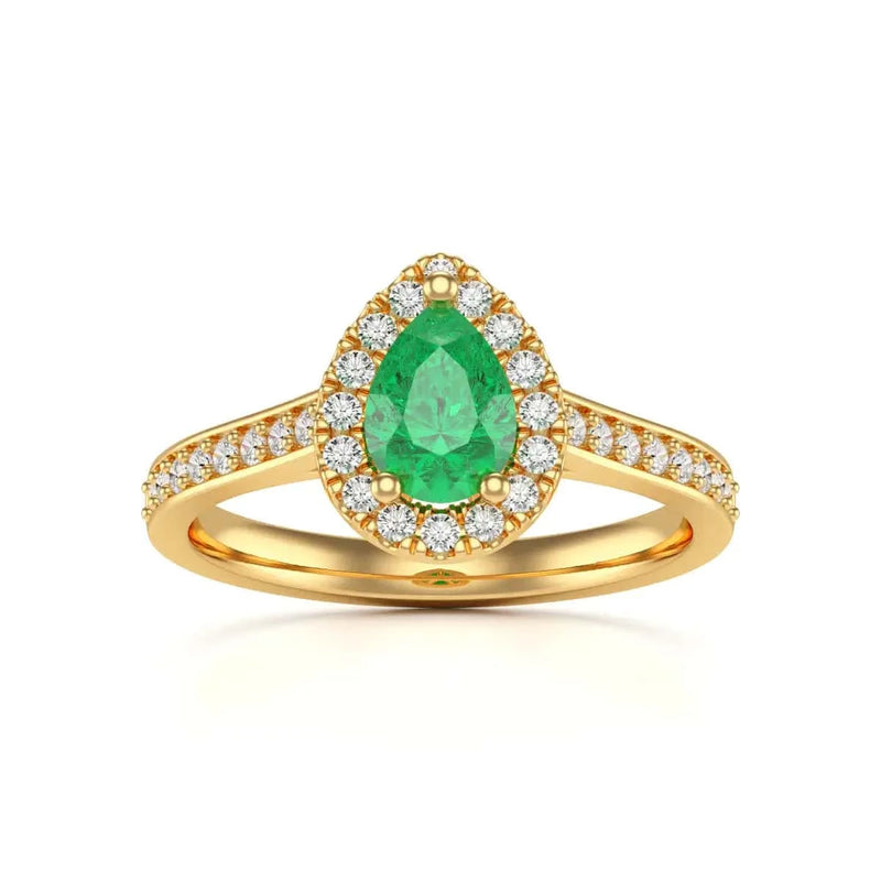 Gold  Diamond Halo Emerald Engagement Ring - Pear Shape