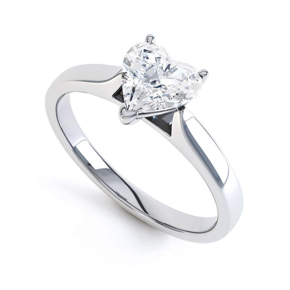 Heart Shaped Solitaire, 3 V-Claws Tapered Shoulders with cathedral setting