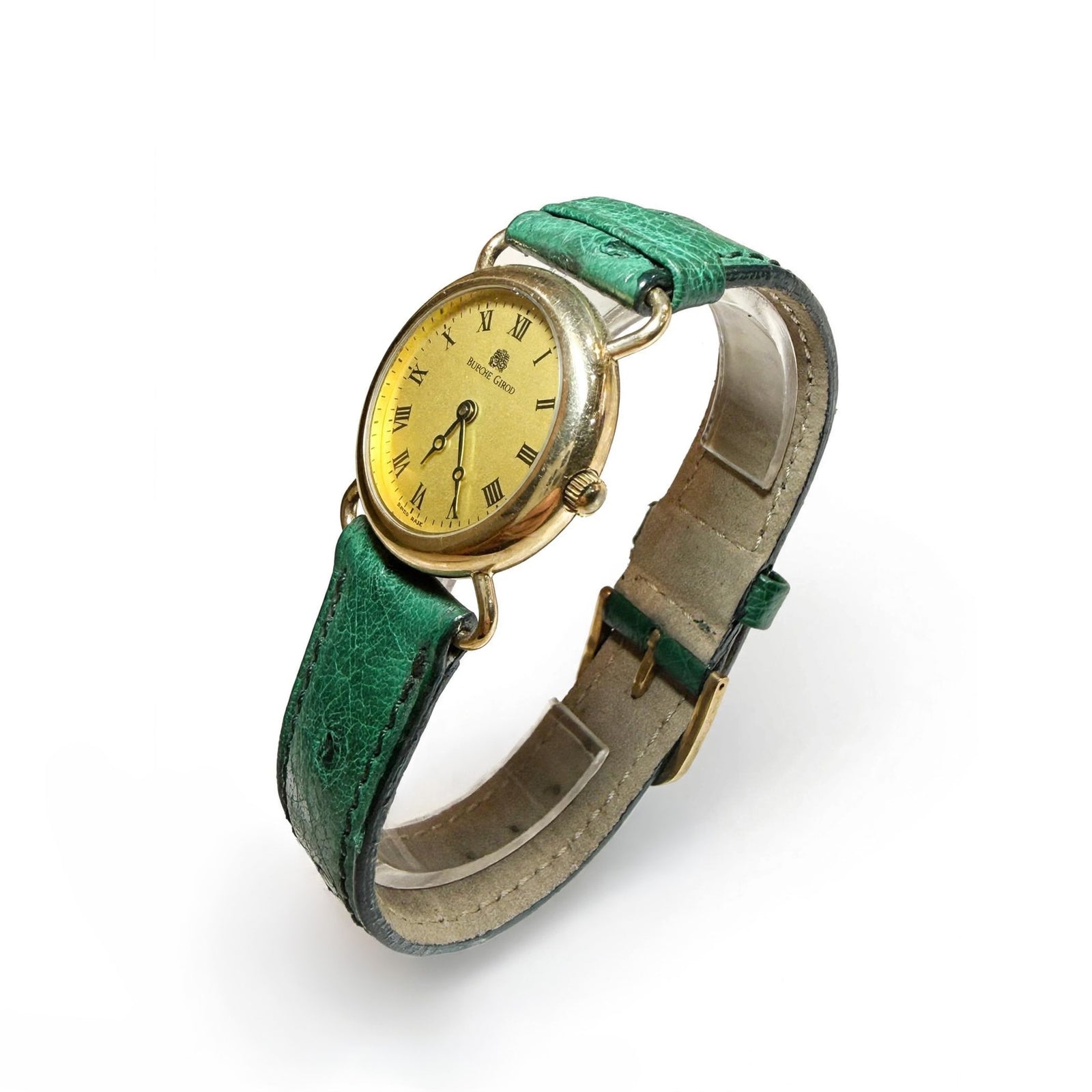 Bueche Girod 9K Gold Ladies Wrist Watch with Dark Green Leather Band