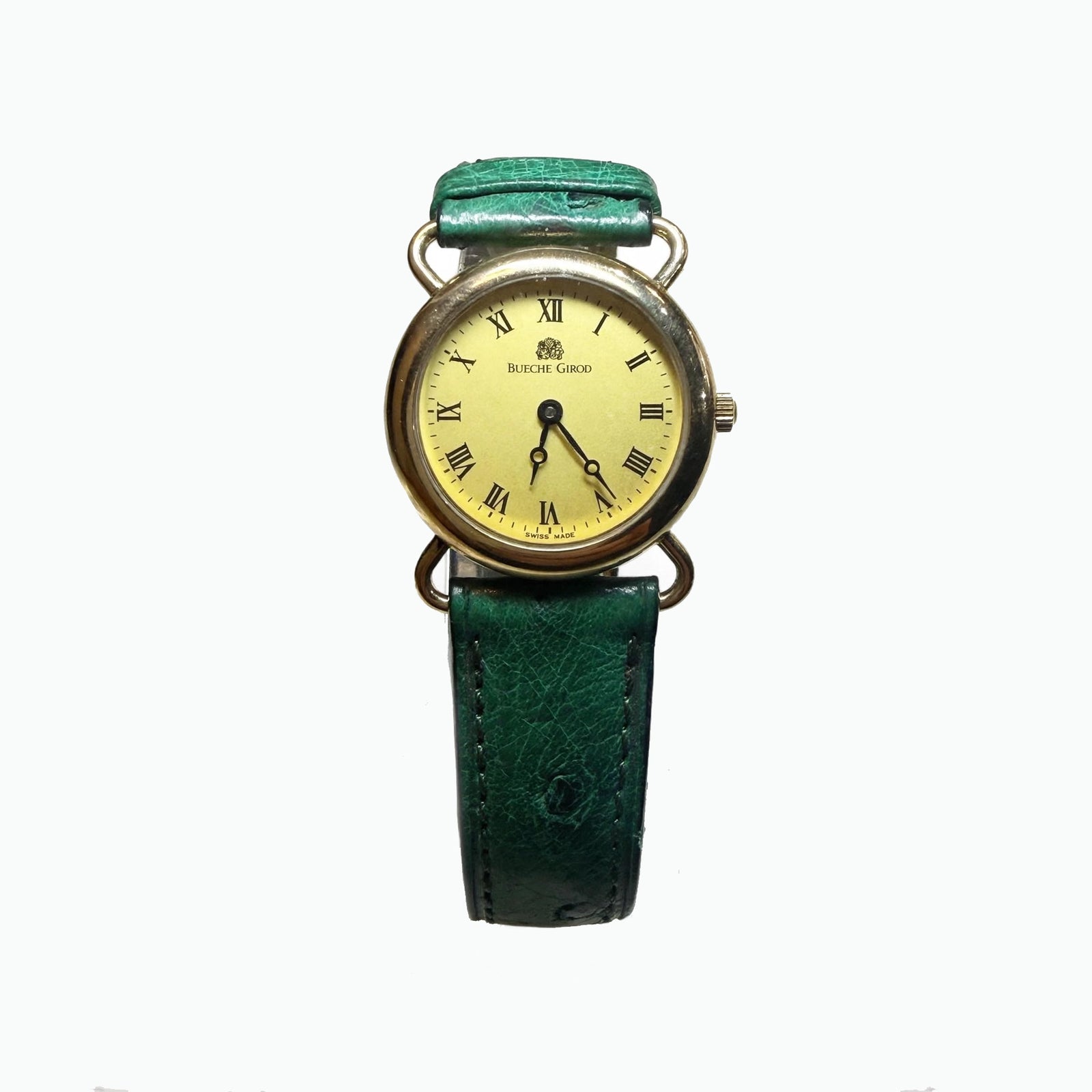 Bueche Girod 9K Gold Ladies Wrist Watch with Dark Green Leather Band