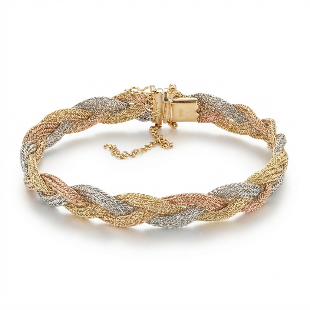 18K Tri-Colour Gold Plait Woven Mesh Bracelet 8''