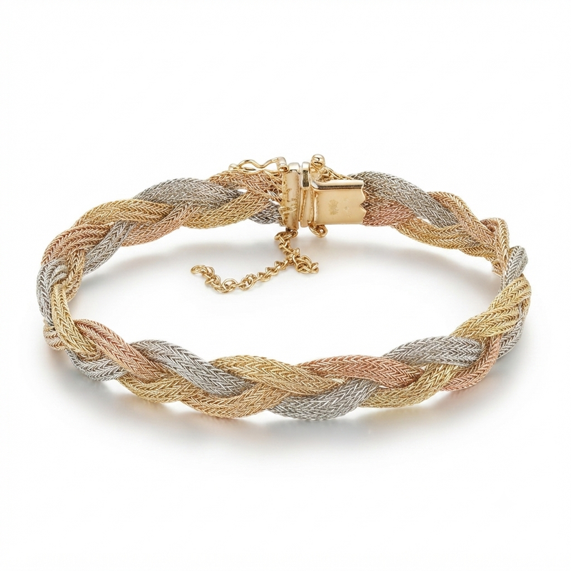 18K Tri-Colour Gold Plait Woven Mesh Bracelet 8''