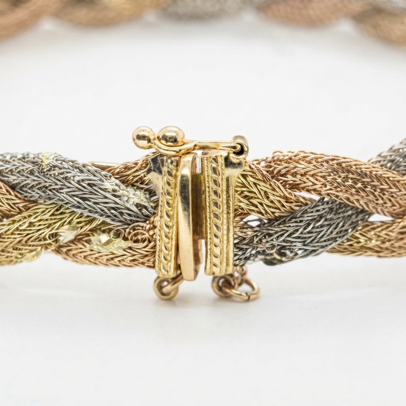 18K Tri-Colour Gold Plait Woven Mesh Bracelet 8''
