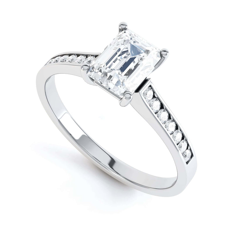 Emerald Cut Diamond Solitaire Engagement Ring With Diamond Shoulders