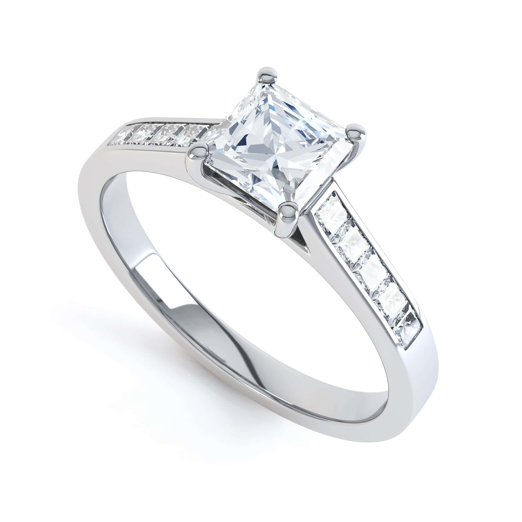 Princess Shaped Solitaire With Princess Diamonds Set Shoulders