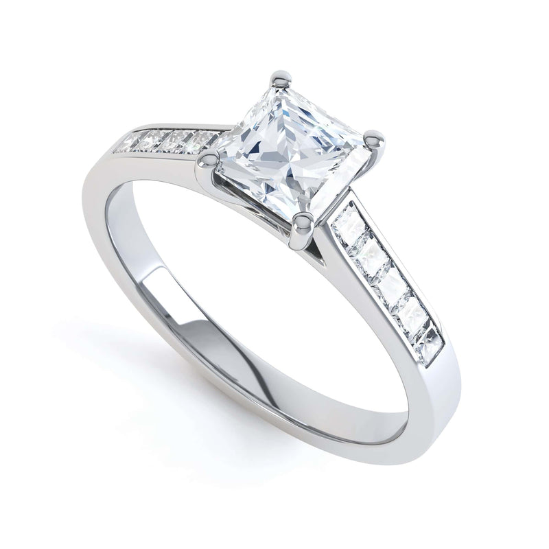 Princess Shaped Solitaire With Princess Diamonds Set Shoulders