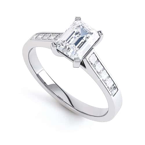Emerald Cut Diamond Solitaire Engagement Ring With Diamond Shoulders