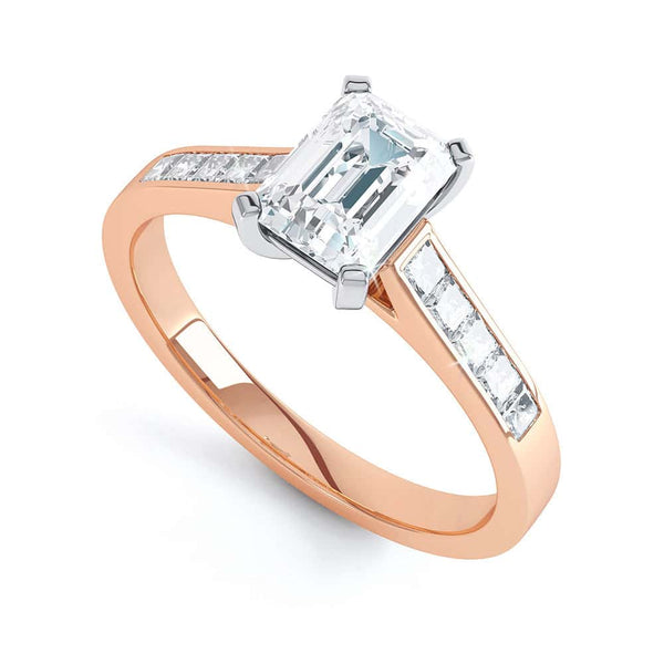 Emerald Cut Diamond Solitaire Engagement Ring With Diamond Shoulders