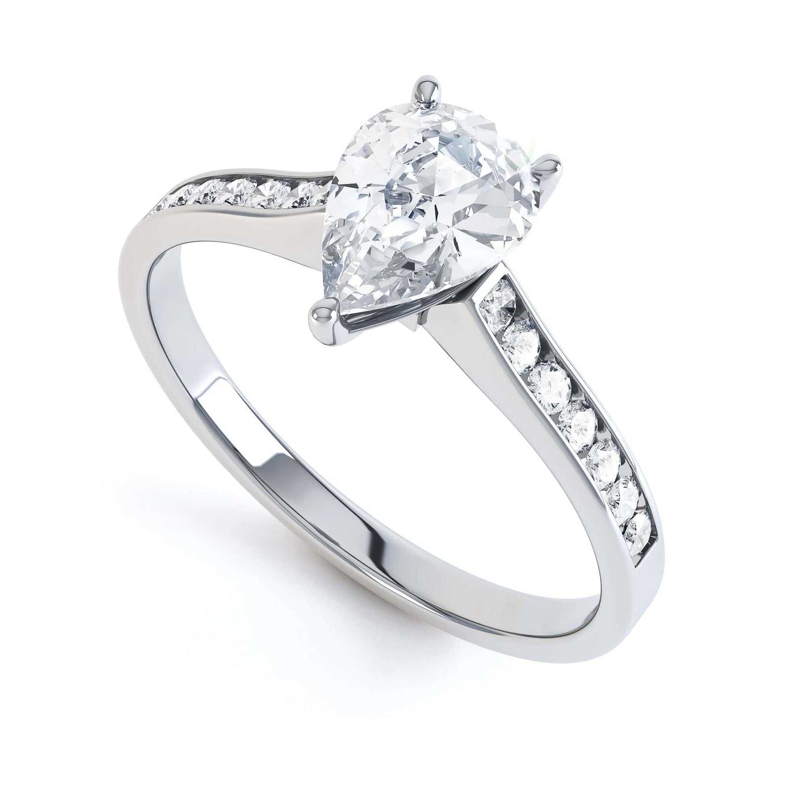 Diamond Engagement Ring- Pear Shaped, three claws Solitaire With Channel set
