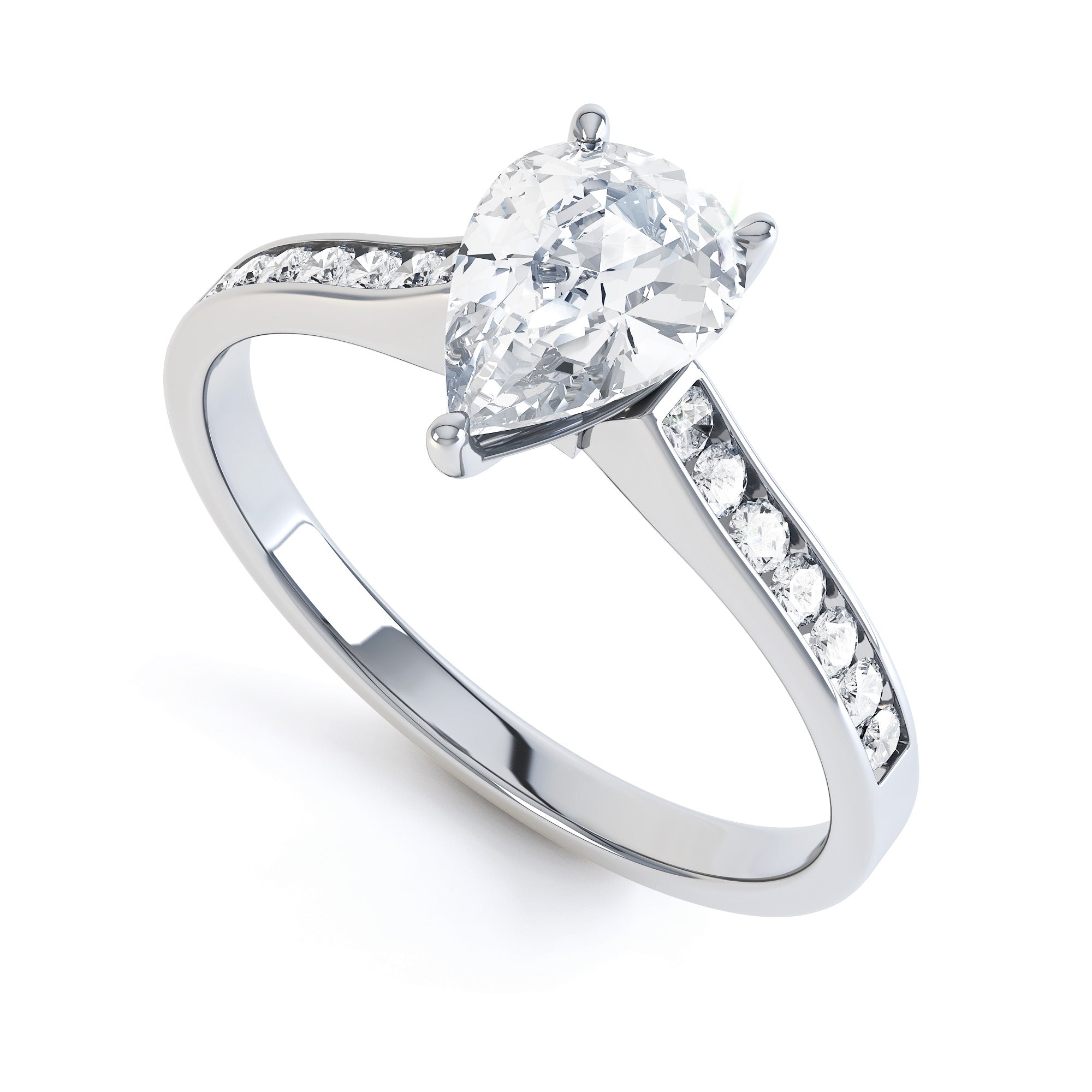 Diamond Engagement Ring- Pear Shaped, three claws Solitaire With Channel set