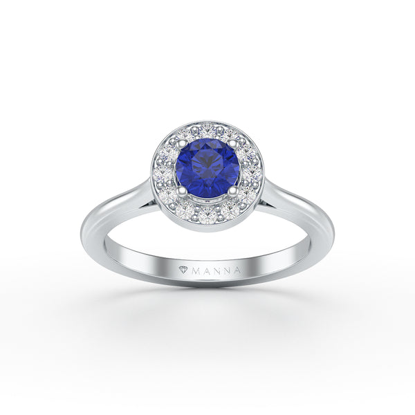 Round Blue Sapphire Diamond Cluster Halo Ring