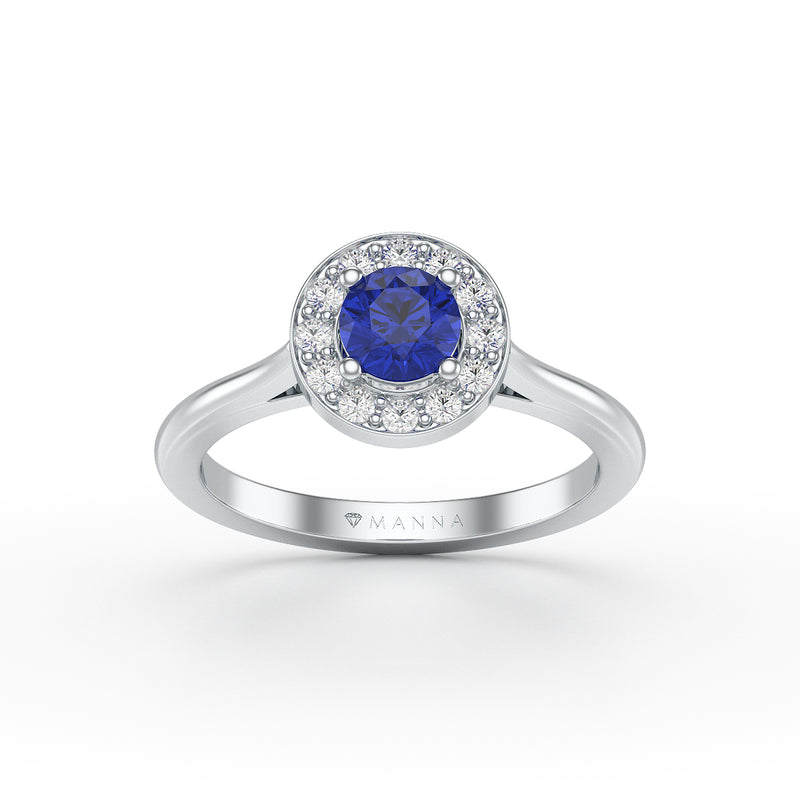Round Blue Sapphire Diamond Cluster Halo Ring
