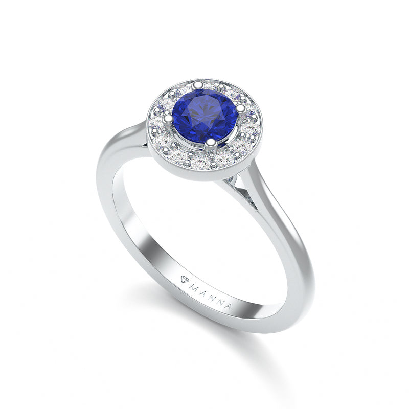 Round Blue Sapphire Diamond Cluster Halo Ring