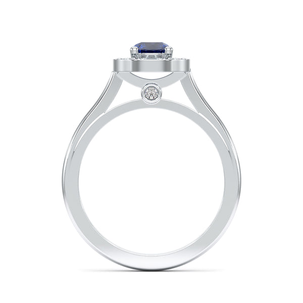 Round Blue Sapphire Diamond Cluster Halo Ring
