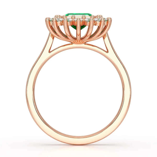  Rose Gold Diamond Cluster Emerald  Ring 