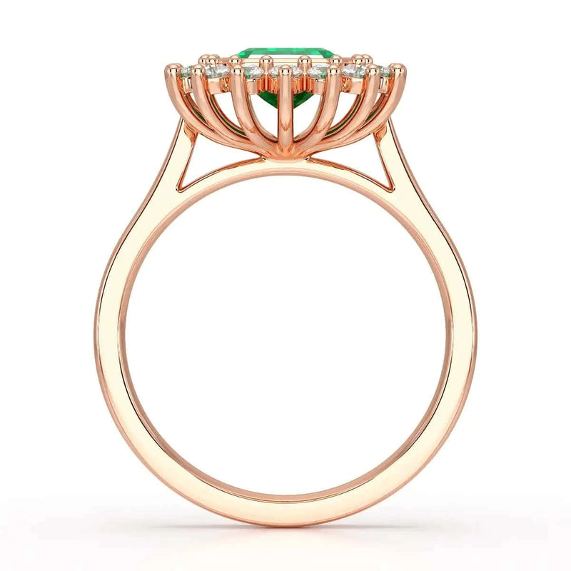  Rose Gold Diamond Cluster Emerald  Ring 