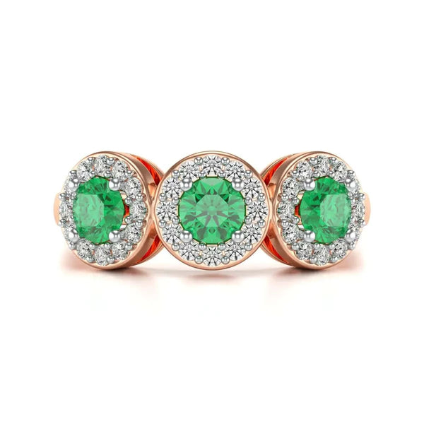 18ct  Rose Gold Diamond Halo 3 Emeralds Ring 