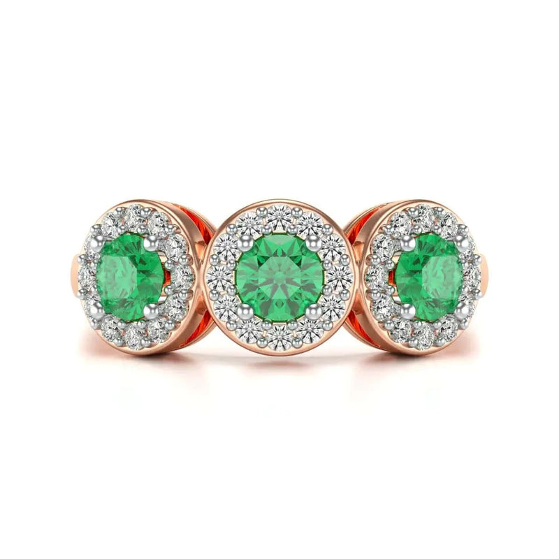  Rose Gold Diamond Halo 3 Emeralds Ring - Round 