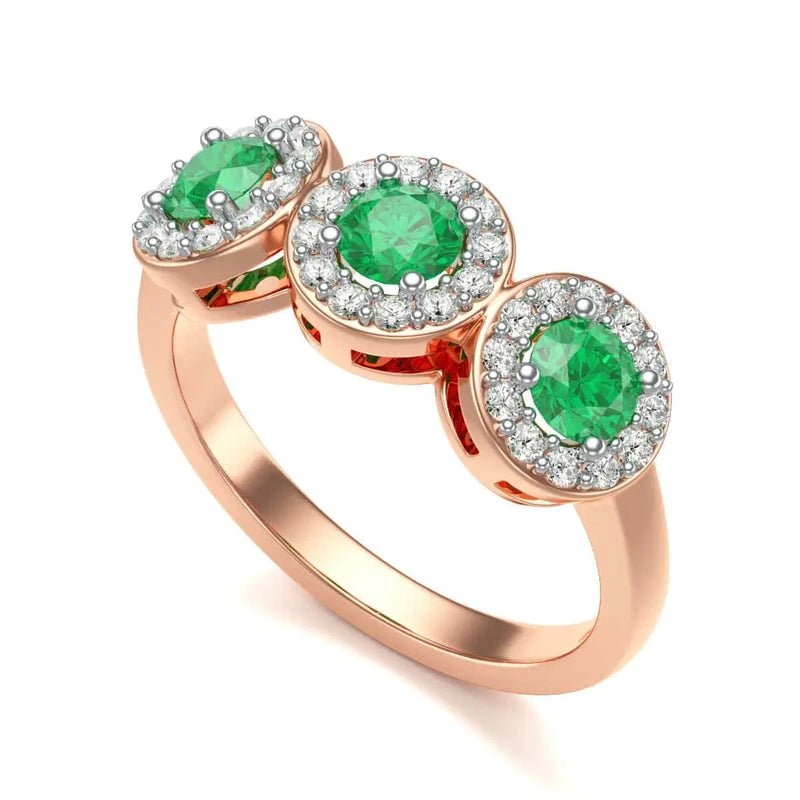  Rose Gold Diamond Halo 3 Emeralds Ring - Round Shape