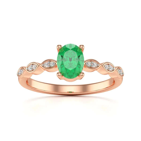 18ct Rose Gold Natural Emerald merquise shoulder Engagement ring 
