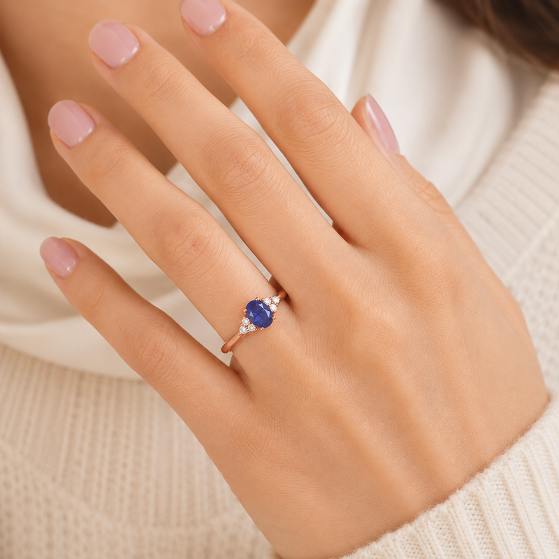 Oval Shape Blue Sapphire Trefoil Diamond Engagement Ring in 18ct Gold and Platinum