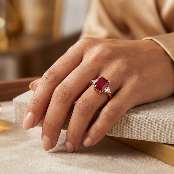 Ruby Trilogy Ring with Trillion side stone Dress Ring