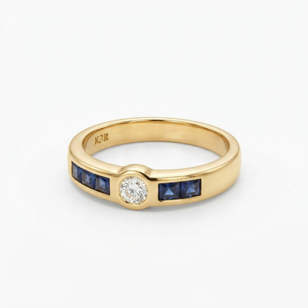 18K Yellow Gold Bezel-Set Diamond & Sapphire Channel Ring