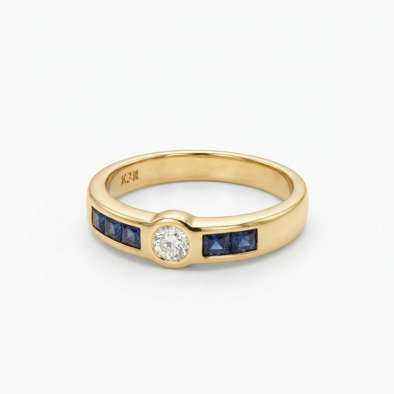 18K Yellow Gold Bezel-Set Diamond &amp; Sapphire Channel Ring