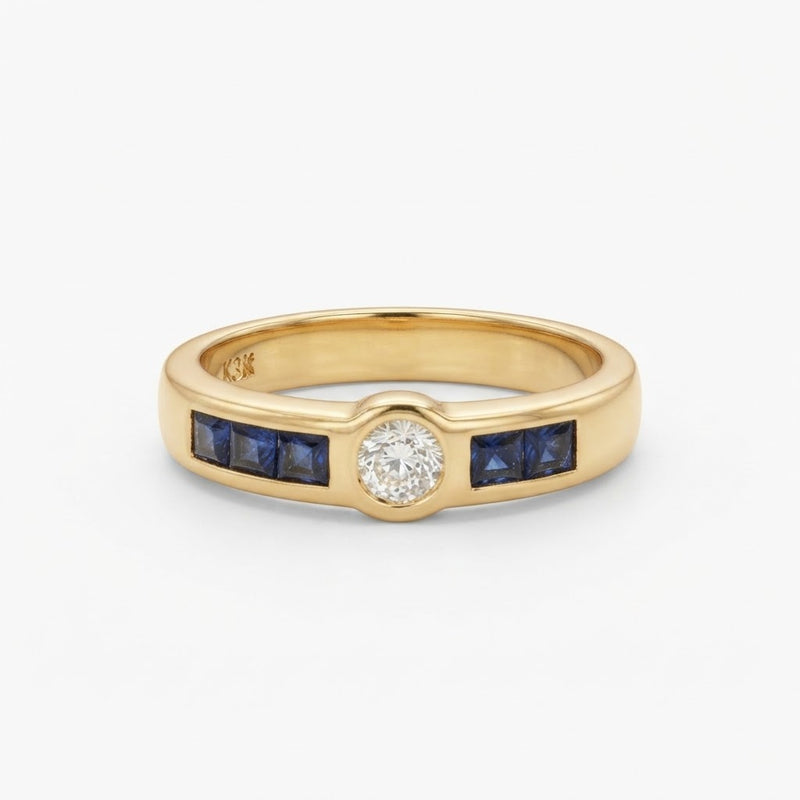 18K Yellow Gold Bezel-Set Diamond &amp; Sapphire Channel Ring
