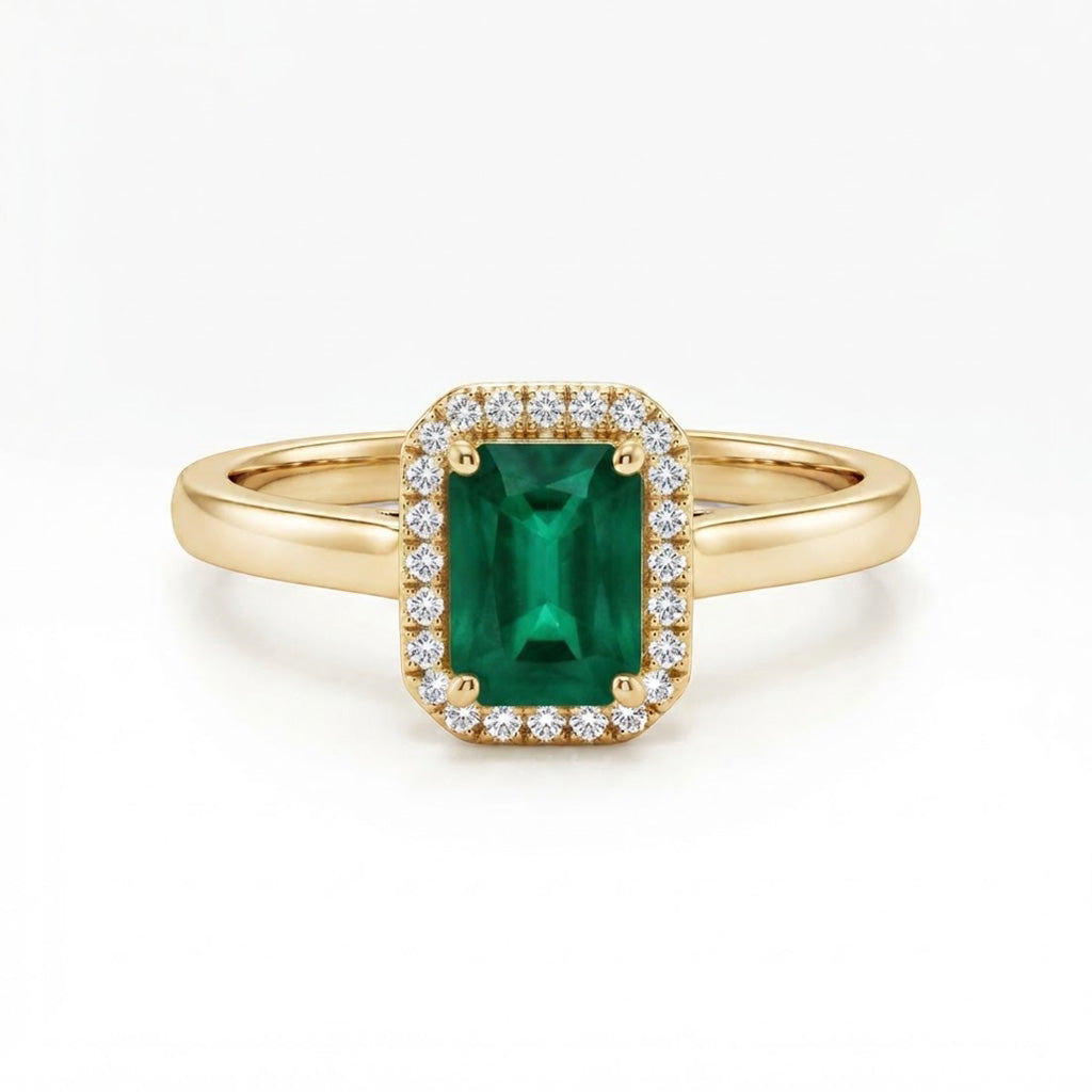 9K Yellow Gold Emerald-Cut Emerald & Diamond Halo Ring
