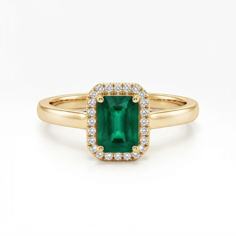 9K Yellow Gold Emerald-Cut Emerald &amp; Diamond Halo Ring