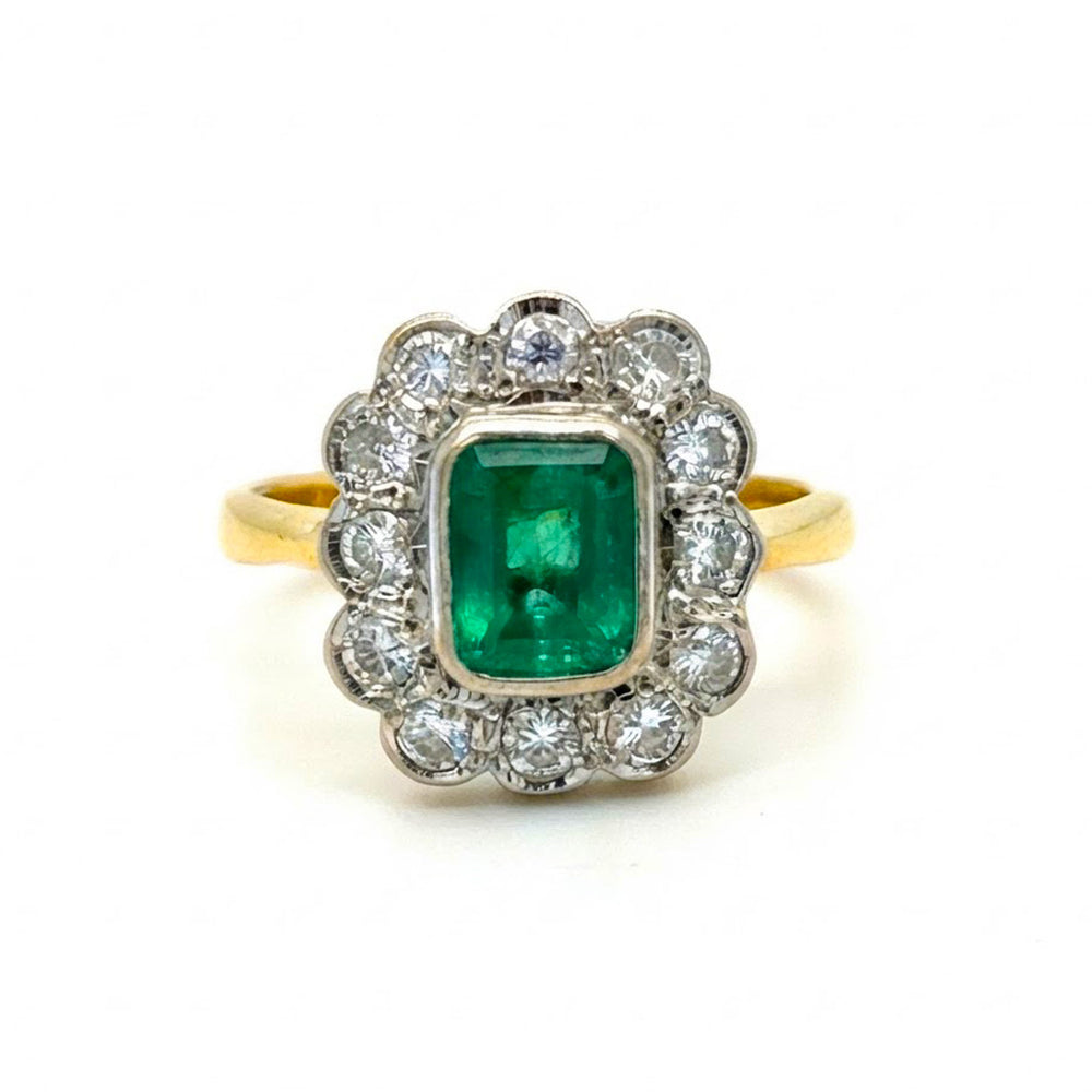 18K 2-Tone Gold Emerald & Diamond Cluster Ring