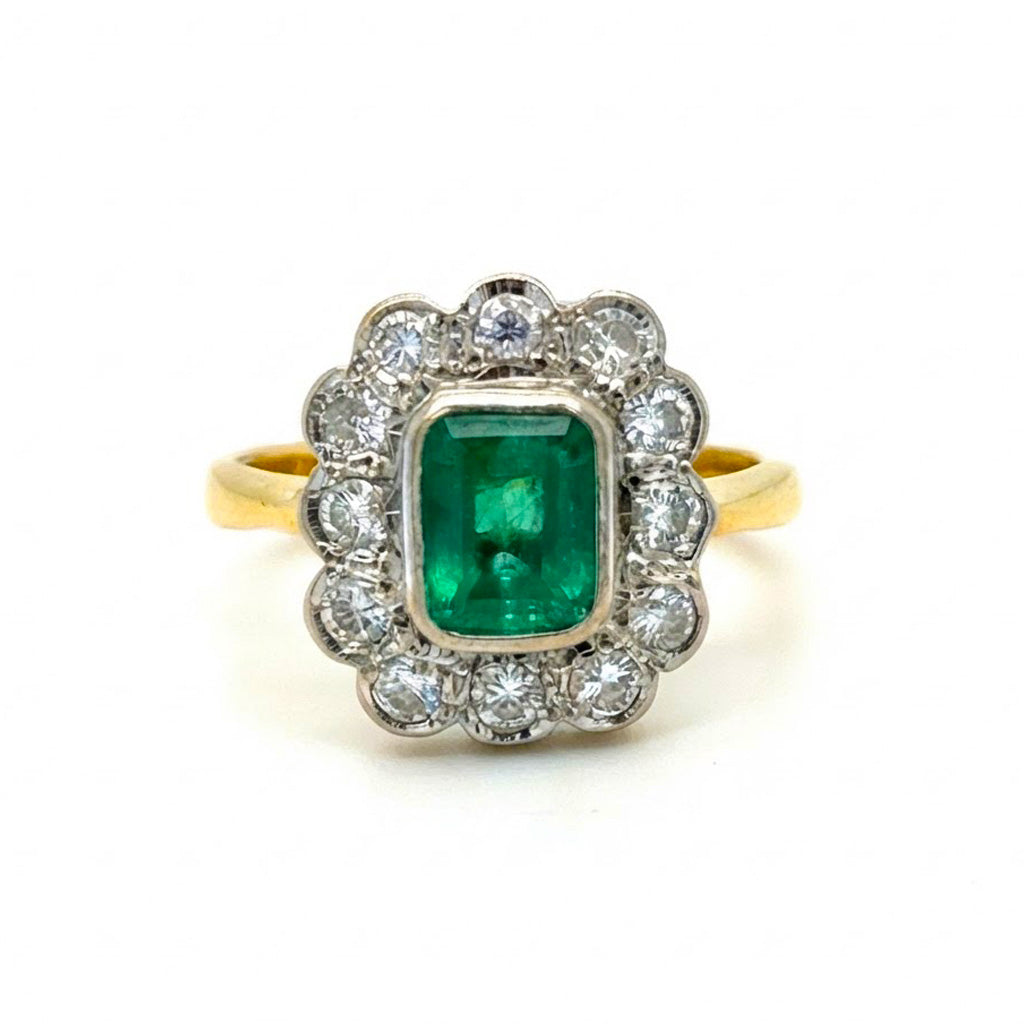 18K 2-Tone Gold Emerald & Diamond Cluster Ring